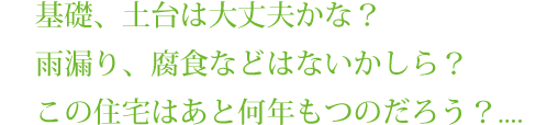基礎、土台は大丈夫かな？雨漏り、腐食などはないかしら？この住宅はあと何年もつのだろう？....
